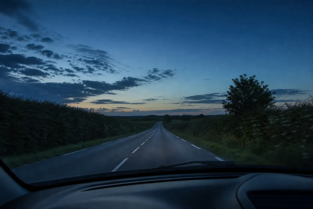 Route à deux voies déserte sous un ciel qui s&rsquo;assombrit en fin d&rsquo;après-midi