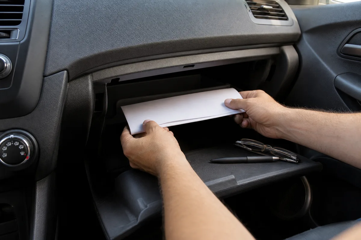 Mains d&rsquo;un automobiliste rangeant des documents dans la boîte à gants d&rsquo;une voiture