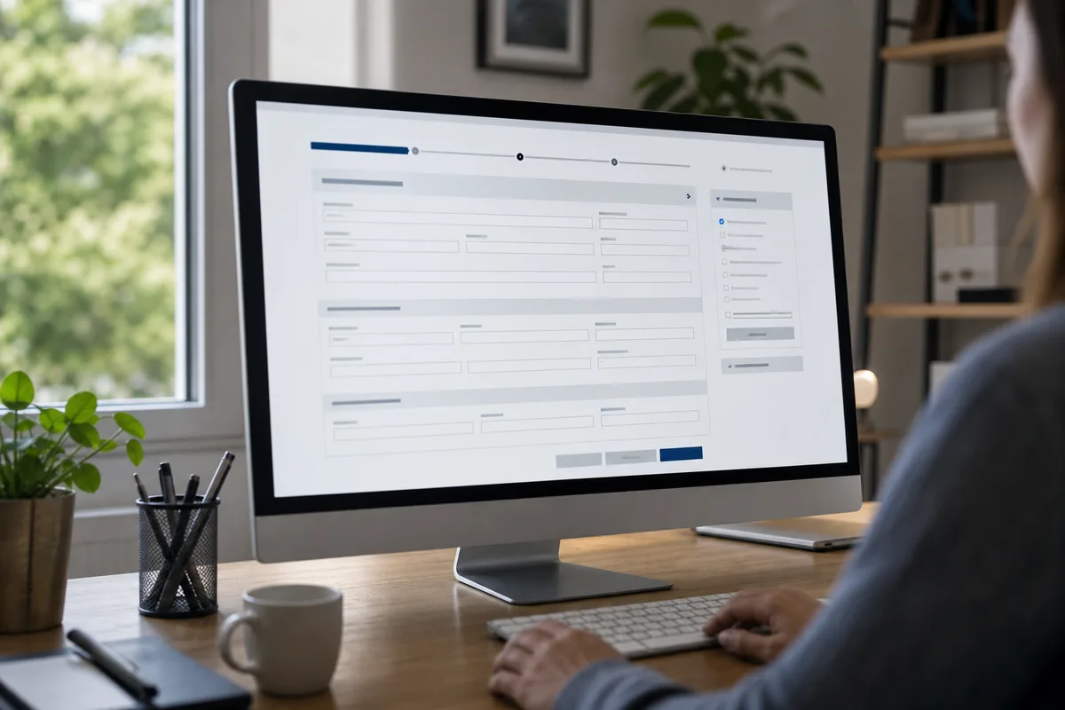 Écran d&rsquo;ordinateur affichant un formulaire administratif en ligne dans un bureau à la maison