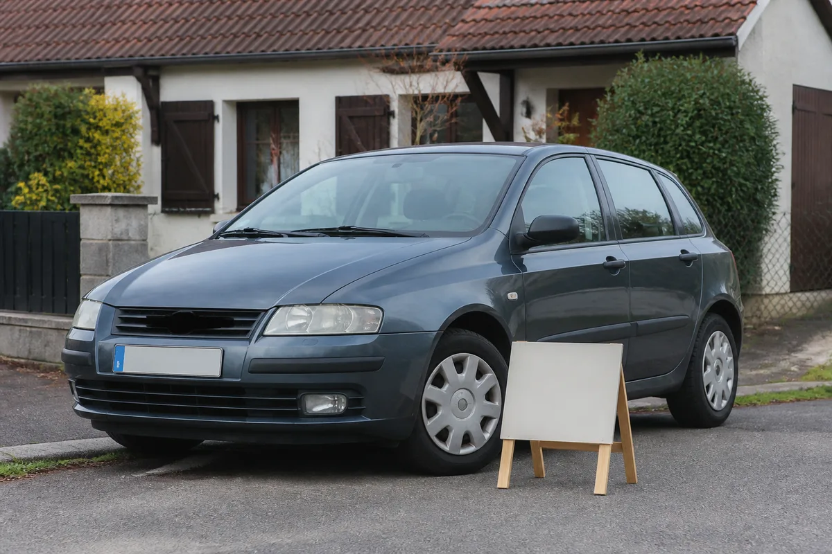 Voiture d&rsquo;occasion garée devant une maison avec une pancarte à vendre