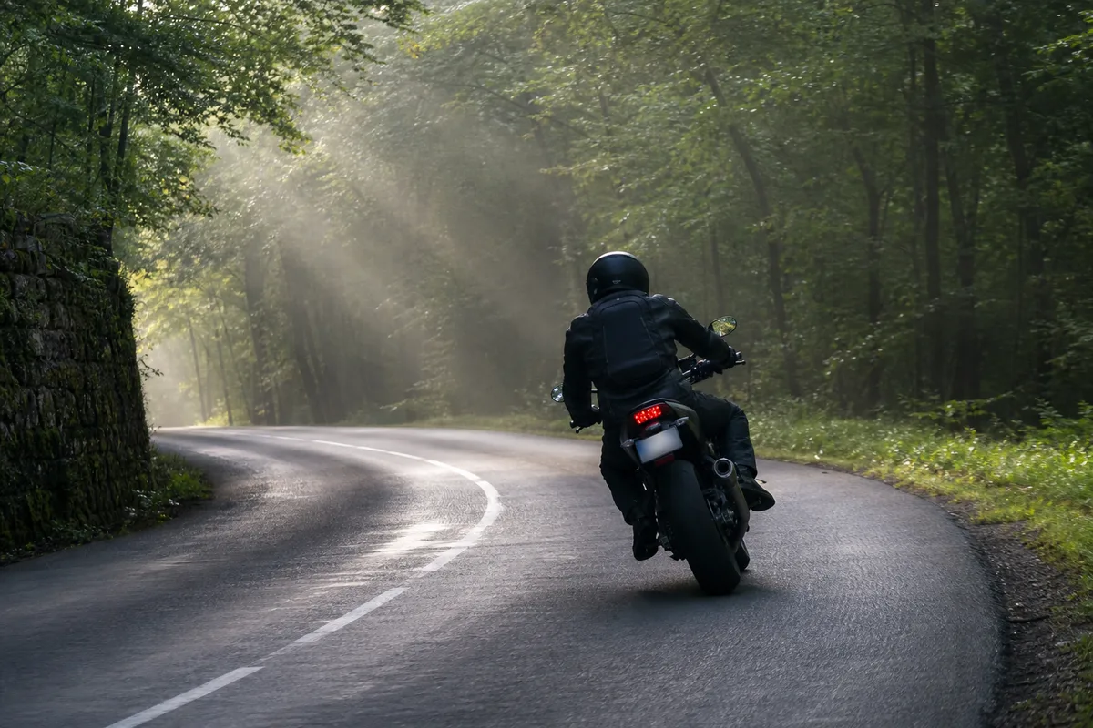 Motocycliste casqué de dos abordant une route sinueuse bordée d arbres en France