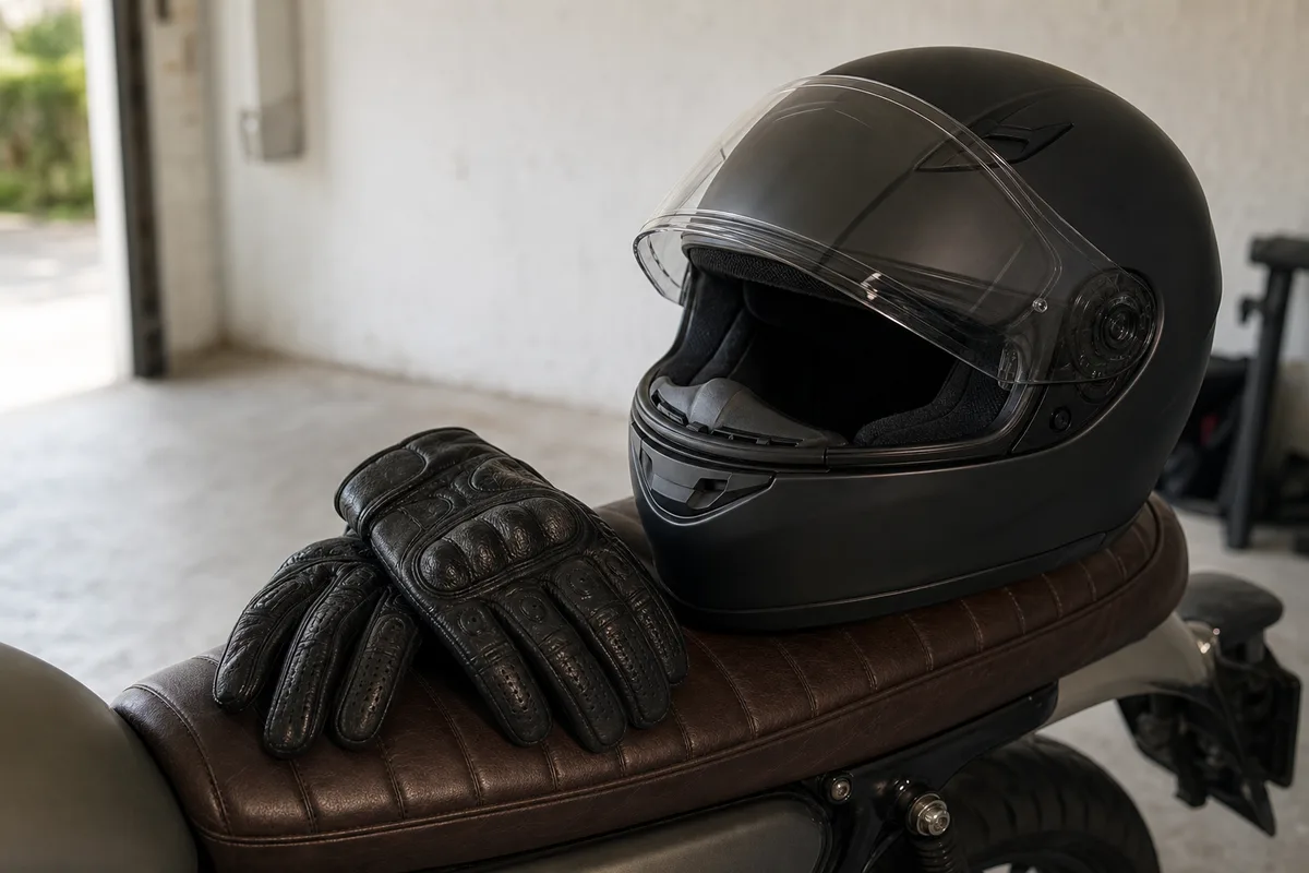 Casque et gants de moto posés sur une selle dans un garage privé lumineux